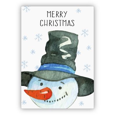 4x Niedliche gemalte Weihnachtskarte mit fröhlichem Schneemann: Merry Christmas