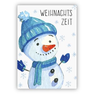 4x Fröhliche gemalte Winter Weihnachtskarte mit fröhlichem Schneemann: Weihnachts zei