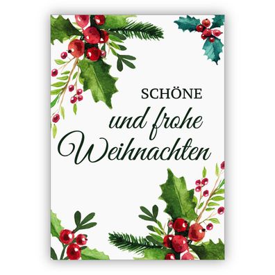 4x Elegante klassische Weihnachtskarte mit roten Beeren und Weihnachts Grün: schöne u