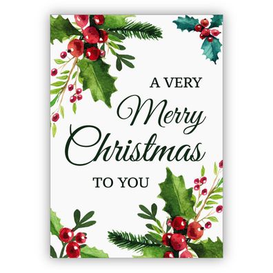4x Elegante klassische Weihnachtskarte mit roten Beeren und Weihnachts Grün: A verry