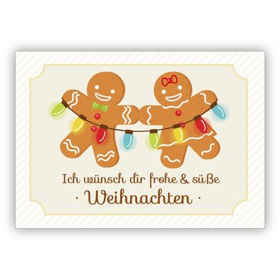 4x Niedliche Lebkuchen Weihnachtskarte mit Lichterkette: Ich wünsch Dir frohe & süße