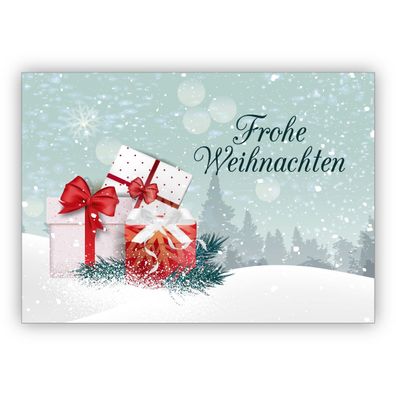 Klassische elegante Weihnachtskarte mit Geschenken und Schnee Landschaft: Frohe Weihn