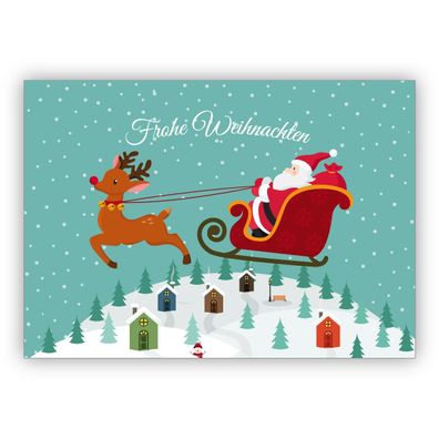 4x Hübsche Weihnachtskarte mit Weihnachtsmann in fliegendem Rentier Schlitten: Frohe