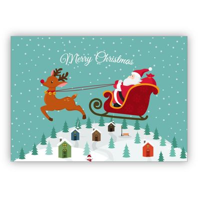 4x Hübsche Weihnachtskarte mit Weihnachtsmann in fliegendem Rentier Schlitten: Merry