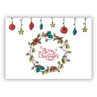 Wunderschöne englische Weihnachtskarte mit Weihnachtsschmuck und klassischem Kranz: M