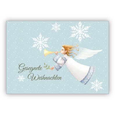 Zarte Weihnachtskarte mit Verkündigungs Engel im Schnee Gestöber mit Sternen: Gesegne