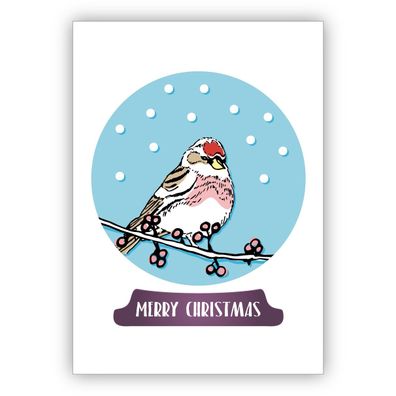 4x Edle moderne Weihnachtskarte mit kleinem Vogel in Weihnachts Schneekugel: Merry Ch