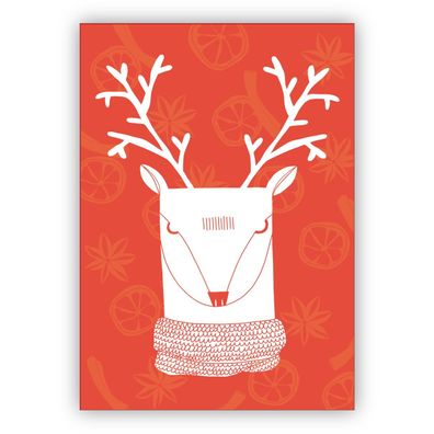 4x Schicke moderne Weihnachtskarte mit Retro Hirsch auf Zimt und Nelken in orange