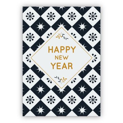 Klassische blau weiße Silvesterkarte als glückwunsch zum neuen Jahr: Happy new year