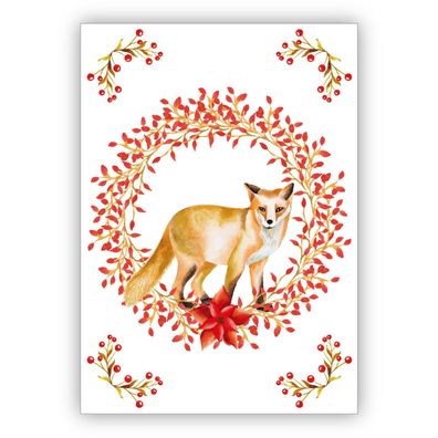 4x Schöne klassische Weihnachtskarte mit edlem Weihnachtskranz in rot mit Fuchs