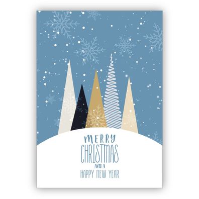 Edle moderne Weihnachtskarte mit grafischen Weihnachtsbäumen im Schnee: Merry Christm