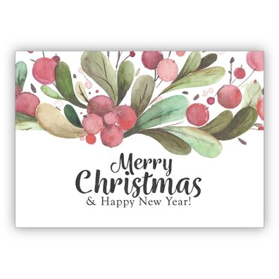 Feine Weihnachtskarte mit Aquarell Mistel Beeren: Merry Christmas & happy new year