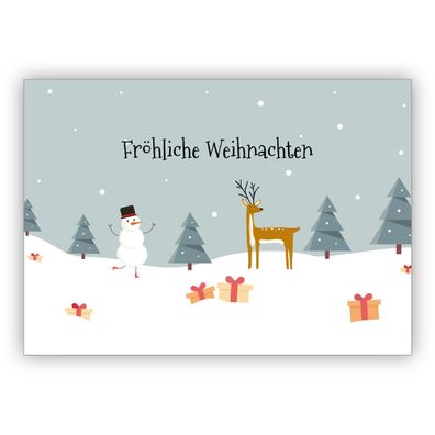 Süße Weihnachtskarte mit Reh und Schneemann im Schnee: Fröhliche Weihnachten