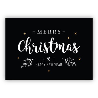 4x Edle schwarze Lettering Weihnachtskarte: Merry Christmas & happy new year
