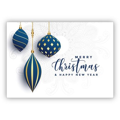 Edle blau weiße Weihnachtskarte mit Weihnachtskugeln: Merry Christmas & happy new yea