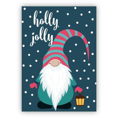 4x Niedliche Weihnachtskarte mit süßem Wichtel im Schnee: holly jolly