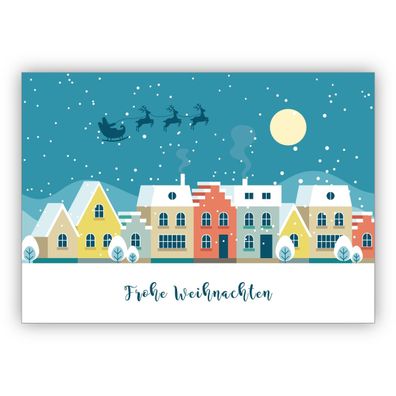 Süße Weihnachtskarte mit Santa Schlitten über der Stadt: Frohe Weihnachten