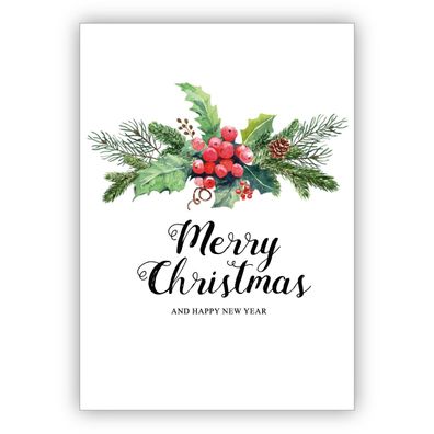 Klassische Weihnachtskarte mit Weihnachtsgesteck und Lettering: Merry Christmas & hap