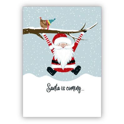 4x Lustige Weihnachtskarte mit Humor Weihnachtsmann, der am Baum hängt: Santa is comi