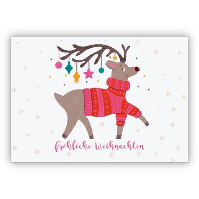 Lustige Weihnachtskarte mit geschmücktem Rentier in dickem Pulli: fröhliche Weihnacht
