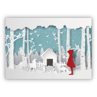 Süße Weihnachtskarte in Papercut Optik (NICHT 3D) mit Rotkäppchen vor Winter Krippe