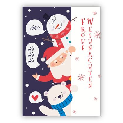 Fröhliche Weihnachtskarte mit Gruß von Schneemann, Weihnachtsmann und kleinem Eisbär: