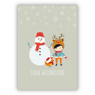 Lustige Kinder Weihnachtskarte mit Schneemann: Frohe Weihnachten