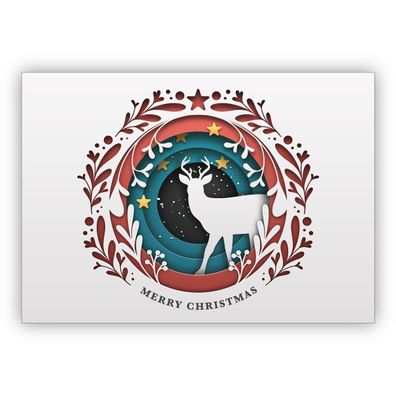 4x Edle klassische Weihnachtskarte in Papercut Optik (NICHT 3D) mit Hirsch: Merry Chr