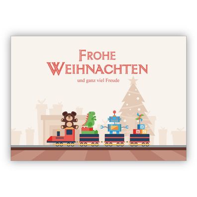 4x Niedliche Weihnachtskarte mit Weihnachtszug voller Geschenke: Frohe Weihnachten un