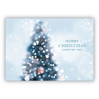 4x Edle Foto Weihnachtskarte mit Weihnachtsbaum im Schneetreiben: Merry Christmas & h