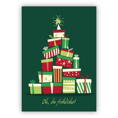 Schicke Retro Weihnachtskarte mit Weihnachtsbaum aus Geschenken: Oh, du fröhliche!