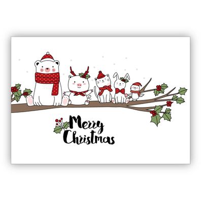 Niedliche Weihnachtskarte mit süßen Weihnachts Tieren auf Ast: Merry Christmas