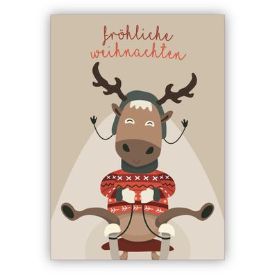 4x Komische Weihnachtskarte mit Schlitten fahrendem Rentier: fröhliche Weihnachten