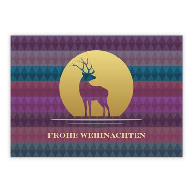 Edle Designer Weihnachtskarte mit Hirsch vor lila grünem Rauten Muster