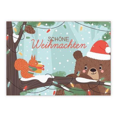 4x Süße Weihnachtskarte mit Eichhörnchen und Bär im Wald