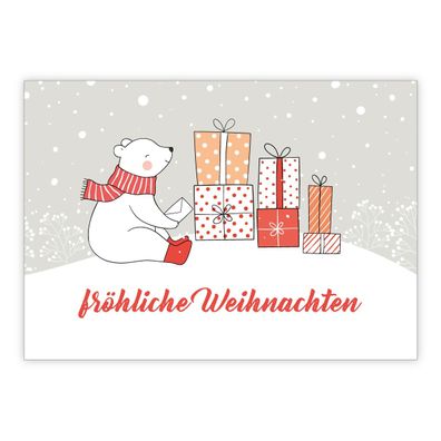 4x Niedliche Weihnachtskarte mit Eisbär und Weihnachtsgeschenken: fröhliche Weihnacht