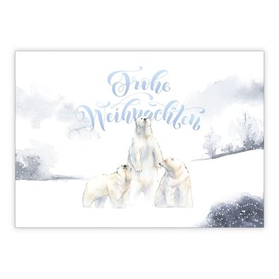 4x Süße Winter Weihnachtskarte mit Eisbären in Schnee Landschaft