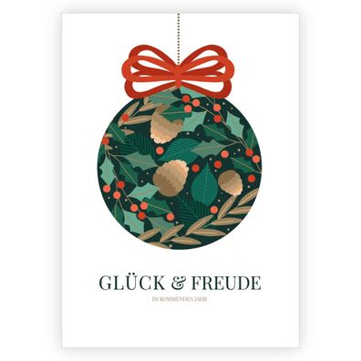 4x Elegante Weihnachtskarte mit wintergrüner Weihnachtskugel: Glück & Freude