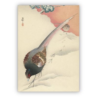 4x Schöne Künstler Grußkarte: Ohara Koson, 1900 - 1945 - Fasanen Paar im Schnee