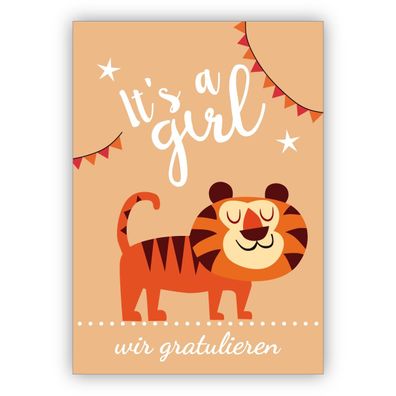 4x süße Babykarte mit Tiger zu Geburt eines Mädchen: It's a girl - wir gratulieren