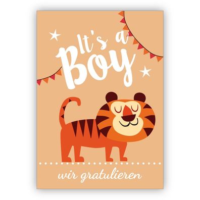 4x süße Babykarte mit Tiger zu Geburt eines Jungen: It's a boy - wir gratulieren