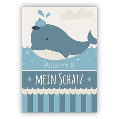 4x Niedliche Baby Glückwunschkarte zur Geburt eines Jungen mit Wal: Willkommen mein S