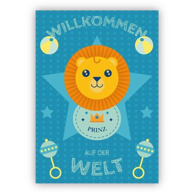4x Süße Baby Glückwunschkarte zur Geburt eines Jungen mit Löwen: Willkommen auf der W