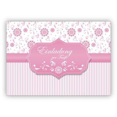4x Feine Einladungskarte zur Taufe eines Baby Mädchen mit Blümchen und Streifen, rosa