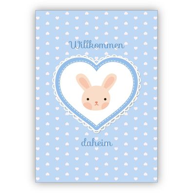 süße hellblaue Babykarte Glückwunschkarte mit Häschen im Herz für Baby Jungen zur Geb