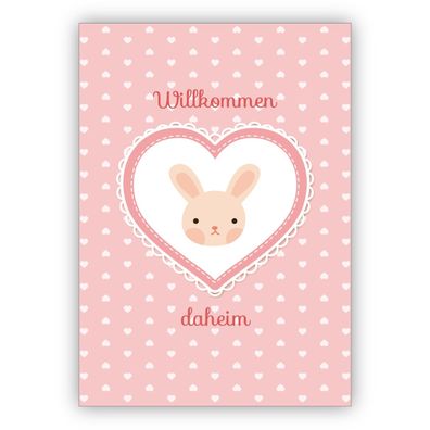 4x süße rosa Babykarte Glückwunschkarte mit Häschen im Herz für Baby Mädchen zur Gebu