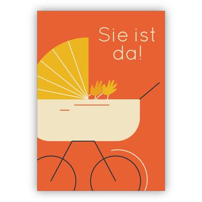 Trendige Retro Babykarte zur Geburt eines Mädchen mit Vintage Kinderwagen i orange: S