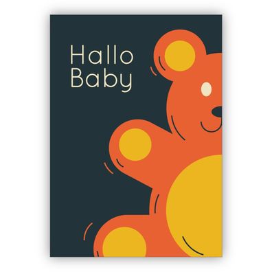4x Schöne Retro Baby Glückwunschkarte zur Geburt mit Vintage Teddy Bär: Hallo Baby