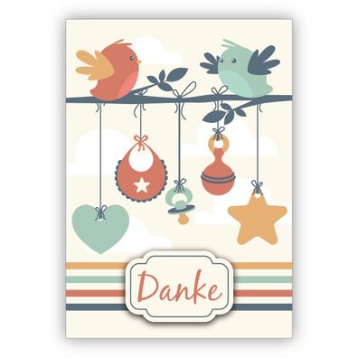 4x Süße Dankeskarte zur Geburt eine Babys mit Herz, Vögeln, Lätzchen und Schnuller: D