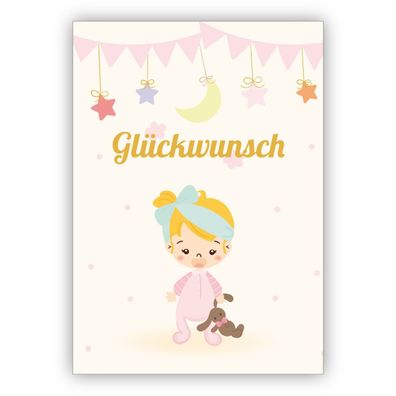Niedliche Glückwunschkarte zur Geburt eines Mädchen mit kleinem Baby Girl mit Häschen